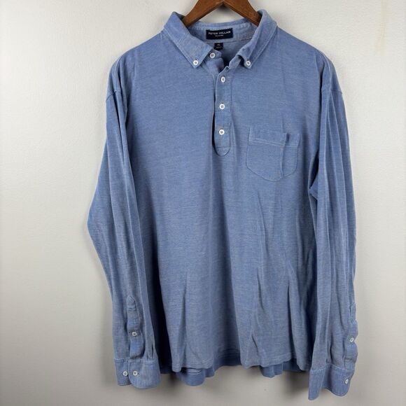 Peter Millar Collection Men’s XL Blue Shirt Silk Cotton Polo Long Sleeve Pocket - Picture 2 of 9
